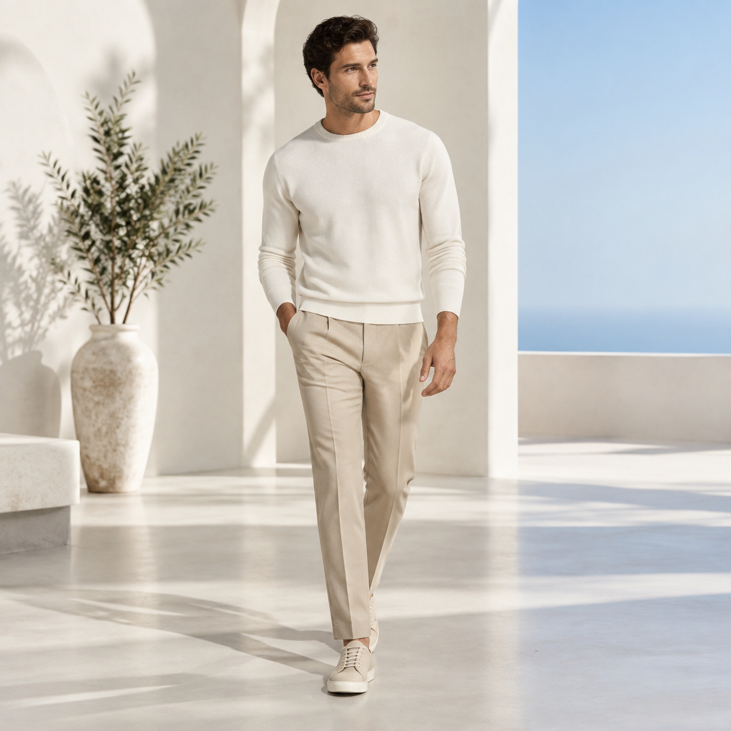 Male model wearing an ivory crewneck sweater and sand trousers in a bright studio